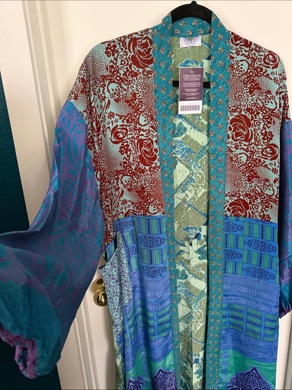 ✨GURU 100% silk Patchwork Kimono  - Teal, Turquoise & Red - Picture 5 of 9